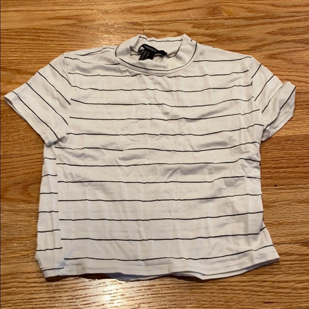 Black and White Striped Cropped Mock Neck